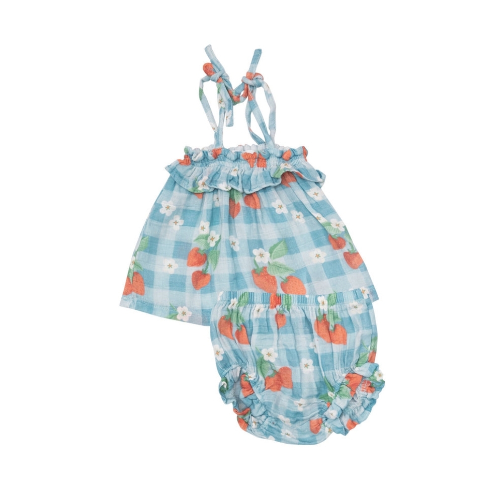 Angel Dear Organic Strawberry Gingham Ruffle Top & Bloomer 2 Piece Set + Bow NWT
